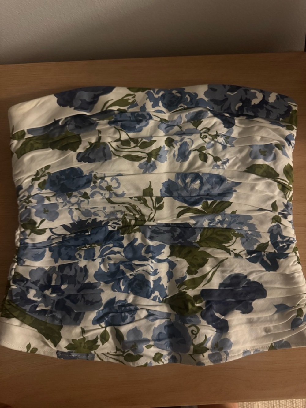 Reformation Blue and Olive Floral Strapless Bustier